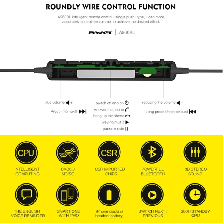 Auricular Bluetooth inalámbrico deportivo AWEI A960BL con control de cable, compatible con llamadas manos libres