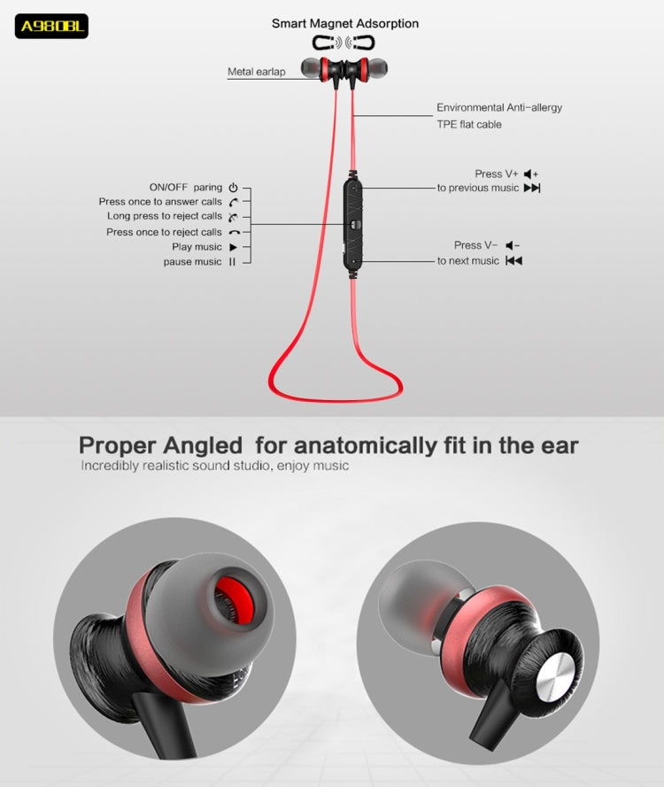 Auricular Bluetooth magnético deportivo inalámbrico AWEI A980BL con control de cable, compatible con llamada manos libres