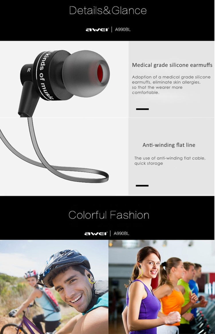 AWEI A990BL Auricular estéreo Bluetooth inalámbrico deportivo con control de cable + micrófono, compatible con llamadas manos libres
