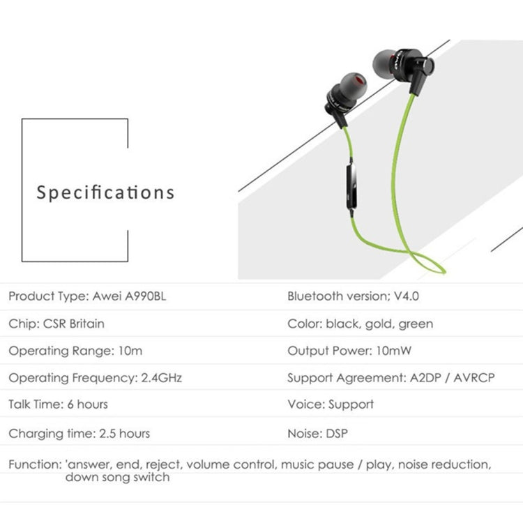 AWEI A990BL Auricular estéreo Bluetooth inalámbrico deportivo con control de cable + micrófono, compatible con llamadas manos libres