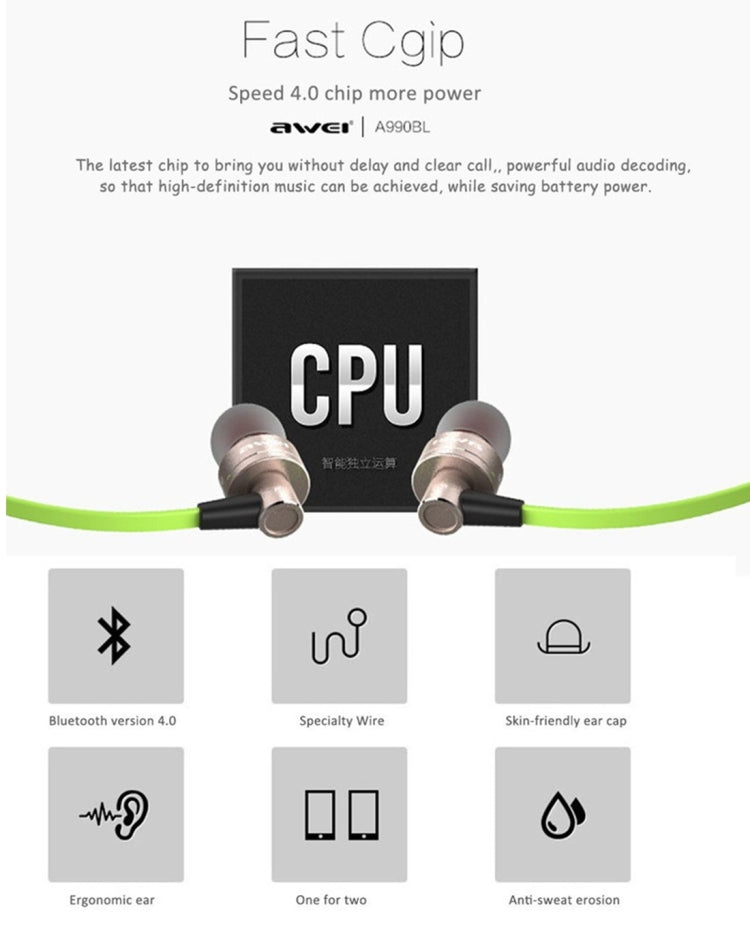 AWEI A990BL Auricular estéreo Bluetooth inalámbrico deportivo con control de cable + micrófono, compatible con llamadas manos libres