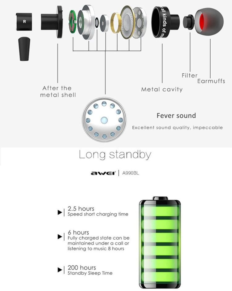 AWEI A990BL Auricular estéreo Bluetooth inalámbrico deportivo con control de cable + micrófono, compatible con llamadas manos libres