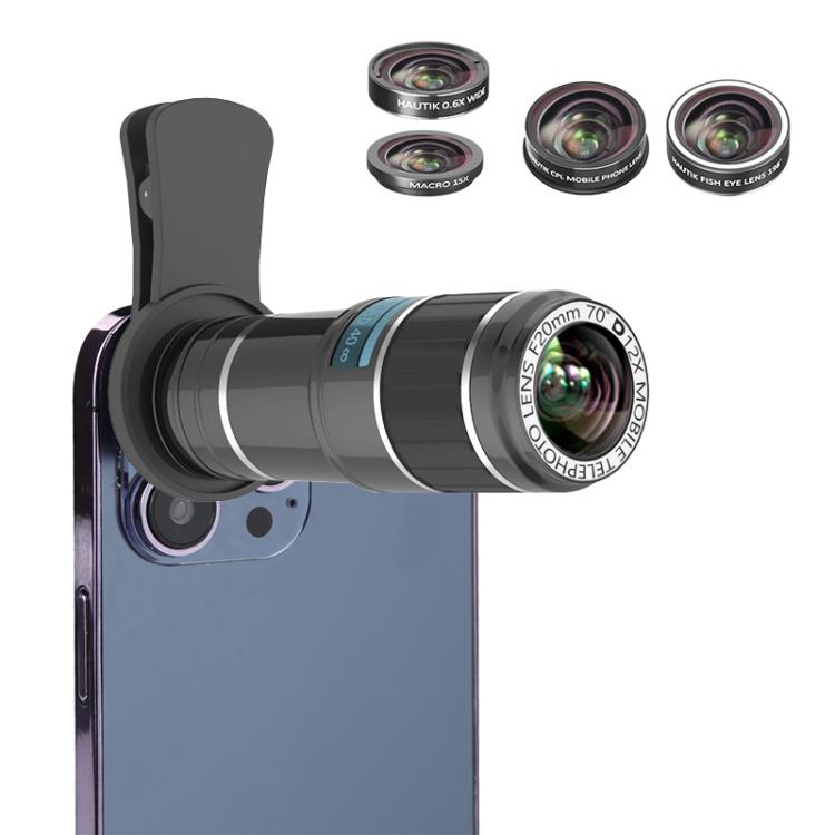 HAUTIK HK-002 Lente ojo de pez 5 en 1 de 180 grados + Lente macro y gran angular 0.65X + Teleobjetivo 12X + Kits de lentes Star Line, HK-002