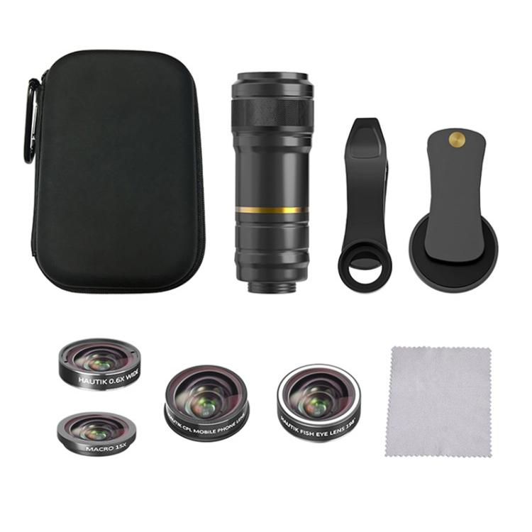 HAUTIK HK-002 Lente ojo de pez 5 en 1 de 180 grados + Lente macro y gran angular 0.65X + Teleobjetivo 12X + Kits de lentes Star Line, HK-002