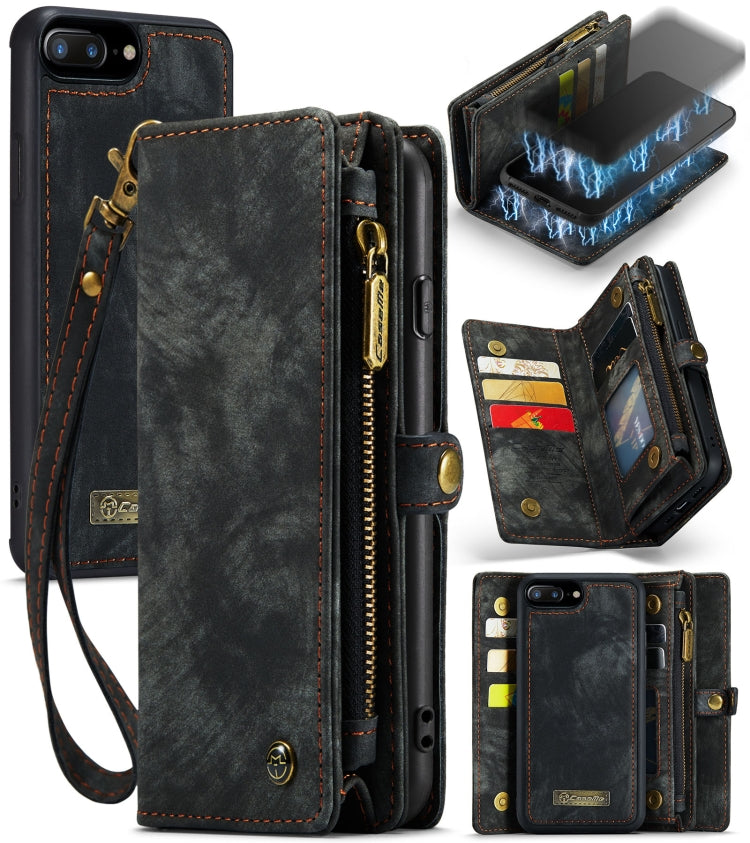 CaseMe para iPhone 8 Plus y 7 Plus Cartera de cuero multifuncional con funda protectora trasera de PC magnética desmontable y soporte y 11 ranuras para tarjetas y 3 ranuras para efectivo y 1 billetera con cremallera y 2 marcos de fotos y 3 cierres magn...