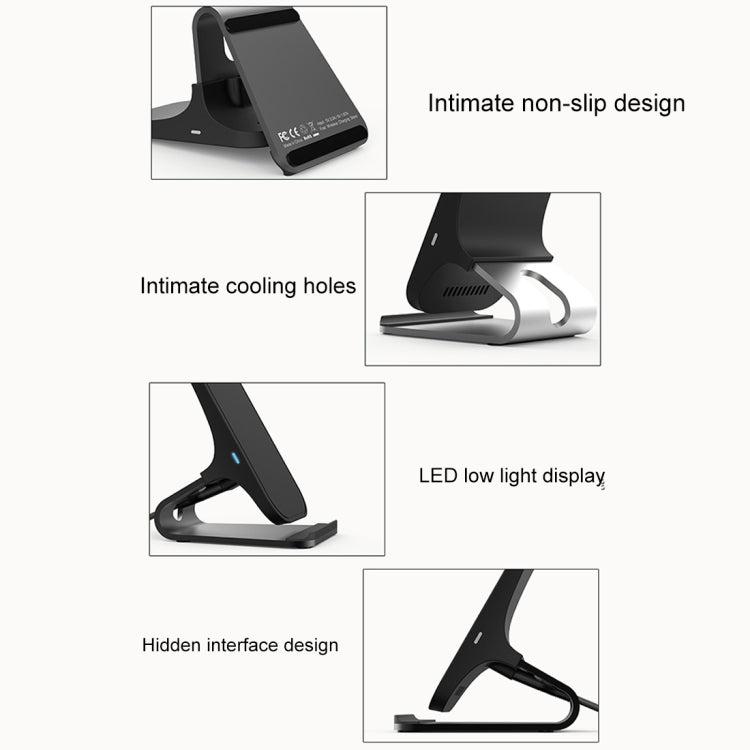HAMTOD M5 15W Diseño inteligente de doble bobina Qi Soporte estándar Cargador inalámbrico con luz indicadora, compatible con carga rápida, M5 Black, M5 Silver