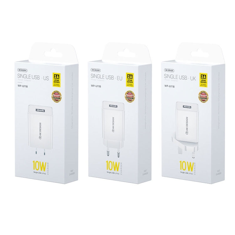 WK WP-U118 Adaptador de corriente para cargador de viaje con puerto USB único de 10 W, enchufe de EE. UU., WP-U118 US Plug