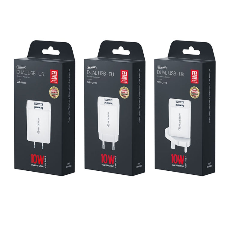 WK WP-U119 Adaptador de corriente para cargador de viaje con dos puertos USB de 10 W, enchufe de EE. UU., WP-U119 US Plug