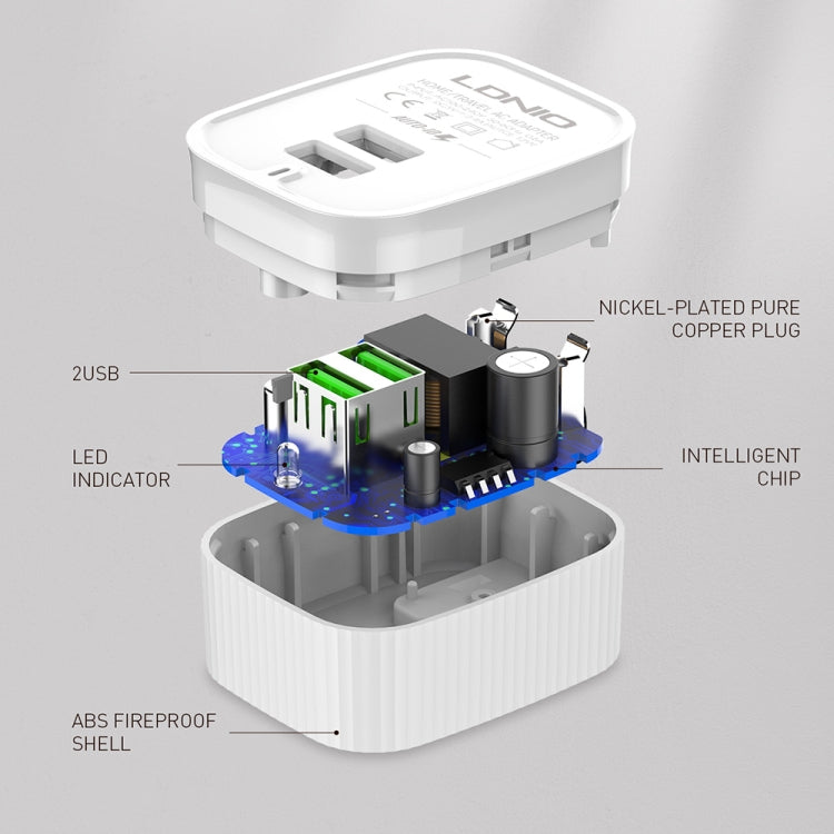 LDNIO A201 2.4A Doble cabezal de carga USB Cargador adaptador de teléfono móvil de carga directa de viaje con cable de datos micro USB, Micro USB