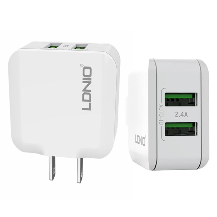 LDNIO A2201 2.4A Cargador de adaptador de teléfono móvil de carga directa de viaje con cabezal de carga USB dual con cable de datos de 8 pines, 8 Pin