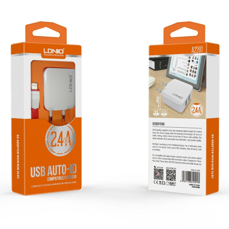 LDNIO A2201 2.4A Cargador de adaptador de teléfono móvil de carga directa de viaje con cabezal de carga USB dual con cable de datos de 8 pines, 8 Pin