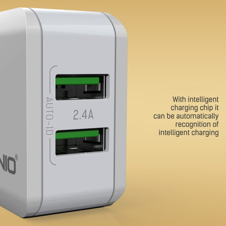 LDNIO A2201 2.4A Cargador de adaptador de teléfono móvil de carga directa de viaje con cabezal de carga USB dual con cable de datos de 8 pines, 8 Pin