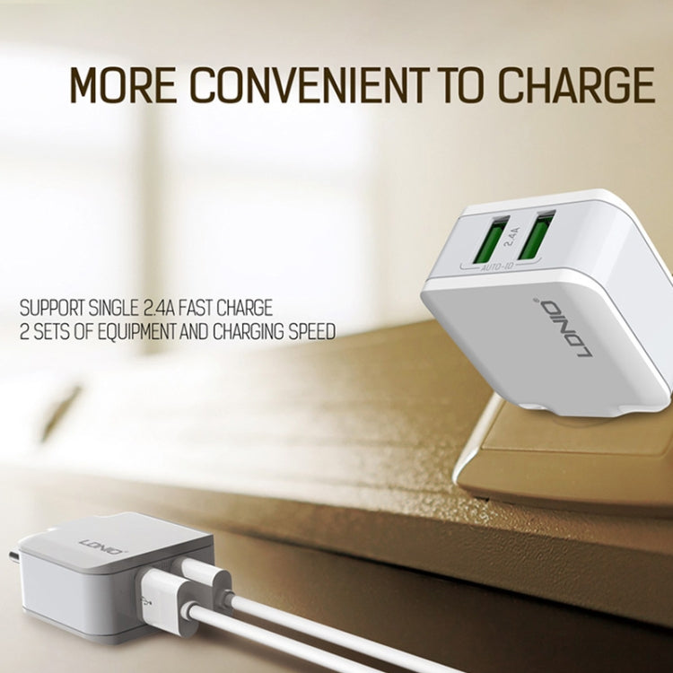 LDNIO A2201 2.4A Cargador de adaptador de teléfono móvil de carga directa de viaje con cabezal de carga USB dual con cable de datos de 8 pines, 8 Pin