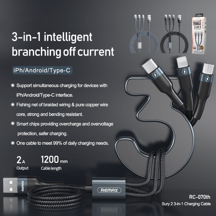 REMAX RC-070TH 1,2 m 2A 3 en 1 USB a 8 pines y cable de carga USB-C / Type-C y Micro USB