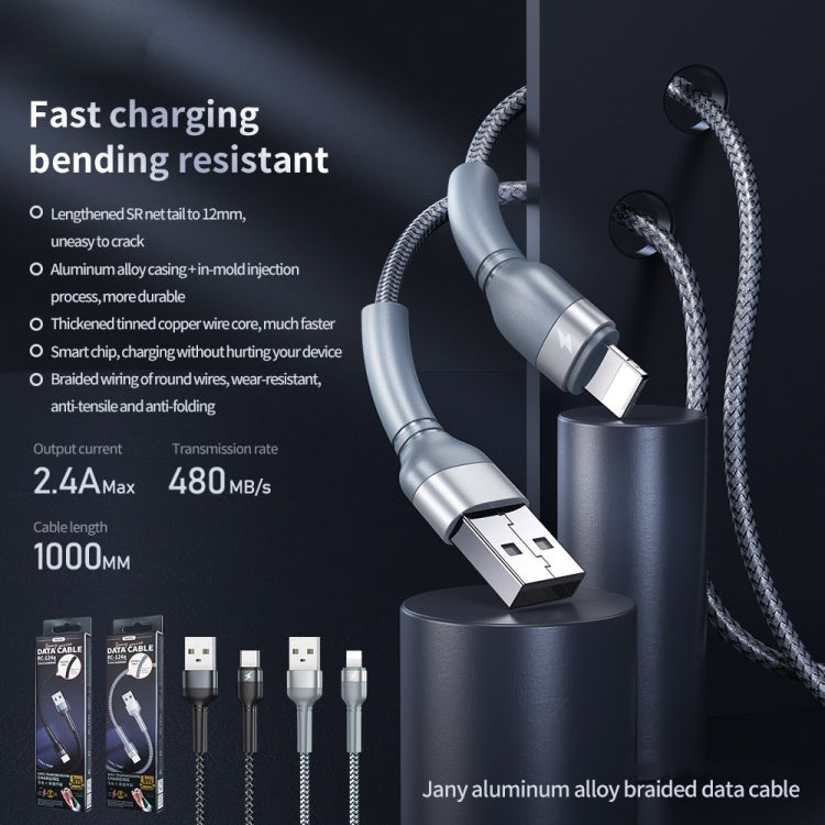 REMAX RC-124i 1m 2.4A USB a cable de datos de carga rápida trenzado de aleación de aluminio de 8 pines para iPhone, iPad, 8 Pin