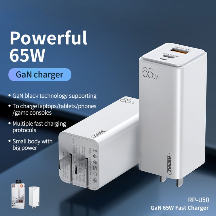 REMAX RP-U50 GaN 65W PD + QC 3.0 Type-C+ Cargador rápido con puerto USB (EE. UU.)