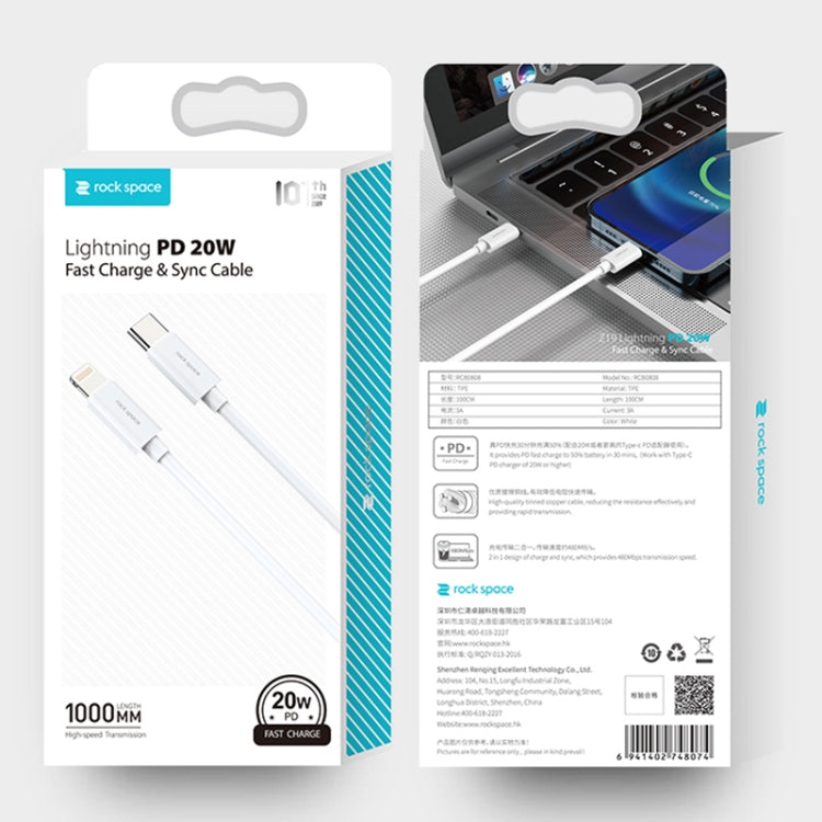 ROCK Space Z19 PD 20W 3A USB-C / Type-C a cable de datos TPE de carga rápida de 8 pines, longitud del cable: 1 m, Z19