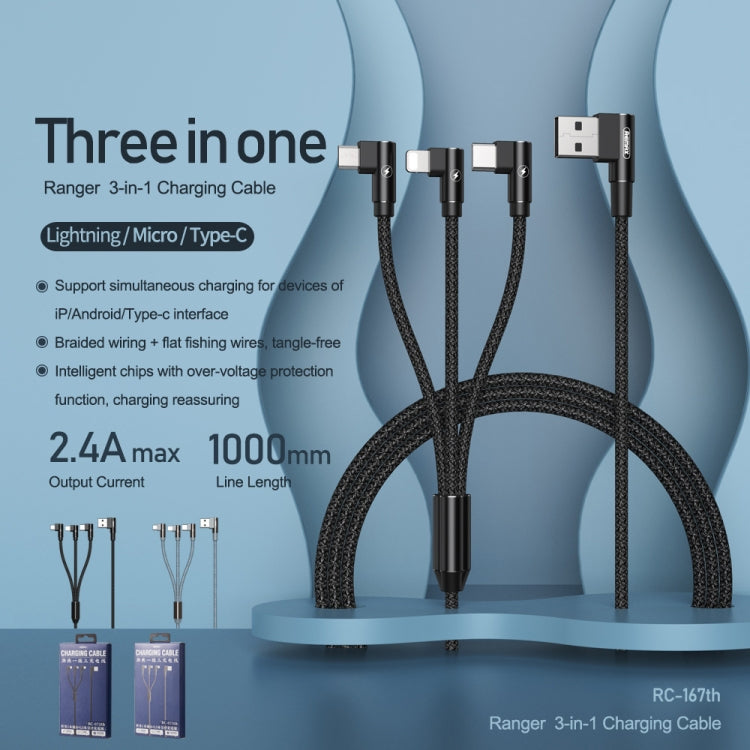 REMAX RC-167th 3 en 1 2.1A USB a 8 pines + USB-C / Type-C + Micro USB Range Series Cable de carga en codo, Longitud del cable: 1 m