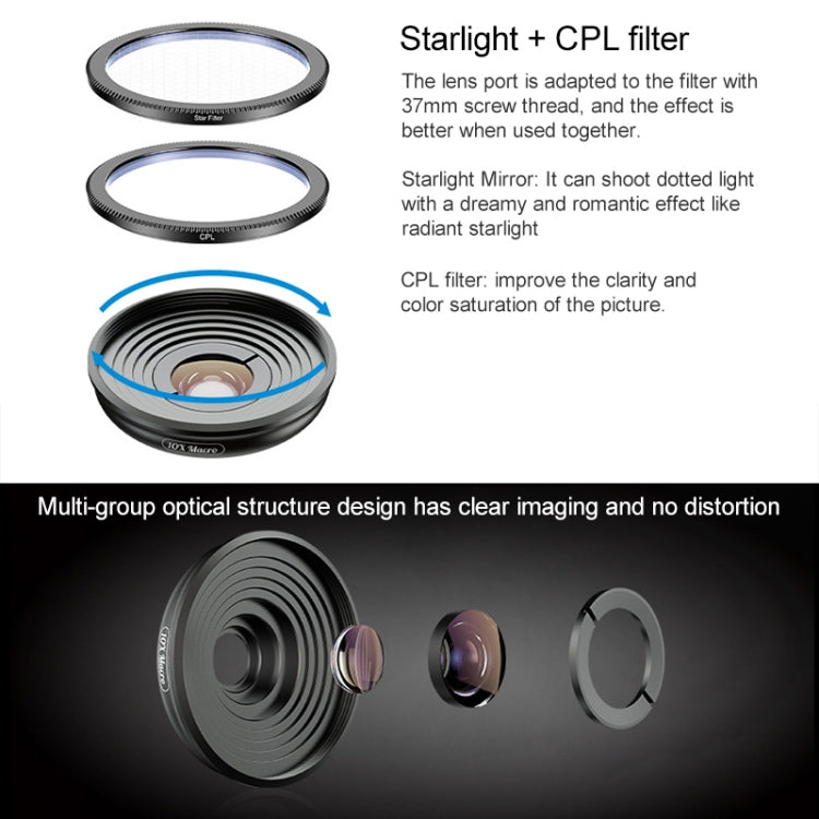 APEXEL APL-HB10X Clip para teleobjetivo con lente macro + Filtro de luz de estrella + Kit de lentes para teléfono CPL, APL-HB10X