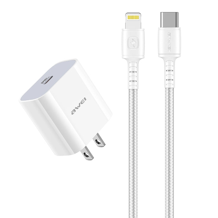 awei PD5 PD 20W Cargador de viaje de carga rápida Adaptador de corriente con cable tipo C / USB-C a 8 pines, enchufe de EE. UU.