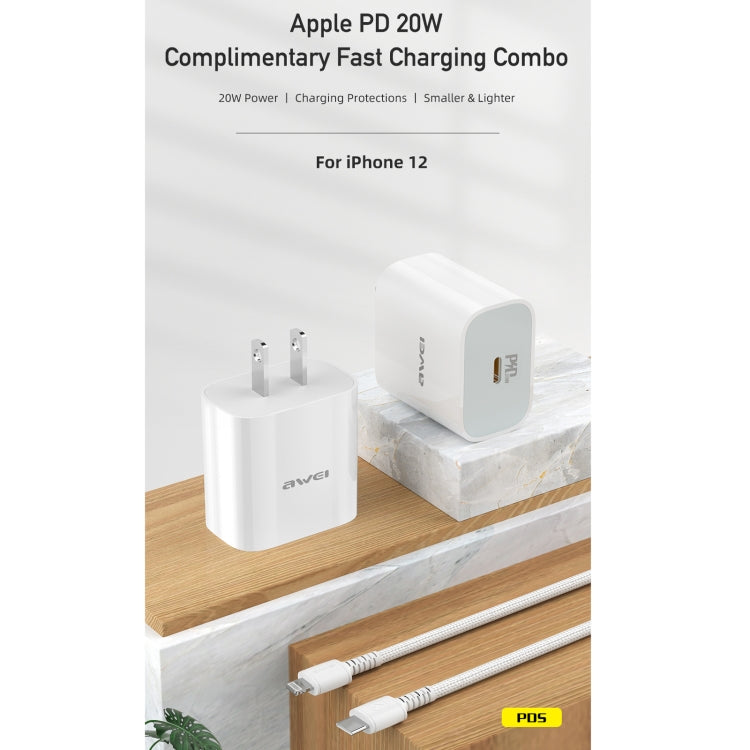 awei PD5 PD 20W Cargador de viaje de carga rápida Adaptador de corriente con cable tipo C / USB-C a 8 pines, enchufe de EE. UU.