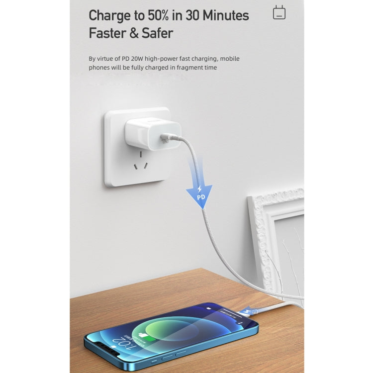 awei PD5 PD 20W Cargador de viaje de carga rápida Adaptador de corriente con cable tipo C / USB-C a 8 pines, enchufe de EE. UU.