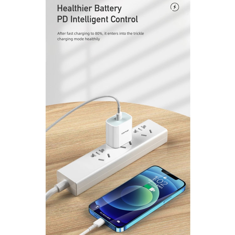 awei PD5 PD 20W Cargador de viaje de carga rápida Adaptador de corriente con cable tipo C / USB-C a 8 pines, enchufe de EE. UU.
