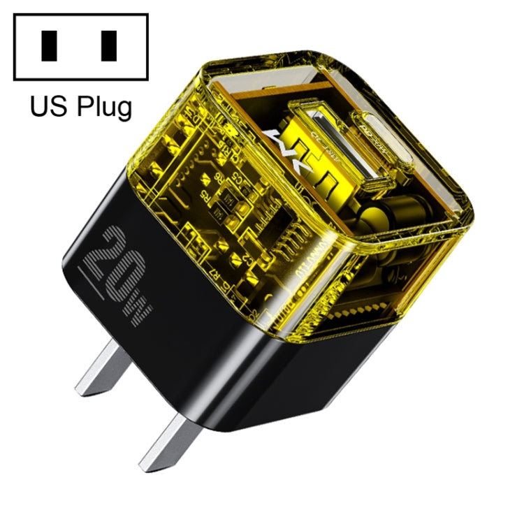 WK WP-U149 Cargador transparente de puerto dual USB + USB-C / Type-C de 20 W, especificaciones: enchufe de EE. UU.