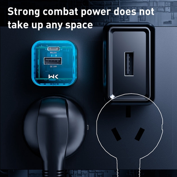 WK WP-U149 Cargador transparente de puerto dual USB + USB-C / Type-C de 20 W, especificaciones: enchufe de EE. UU.