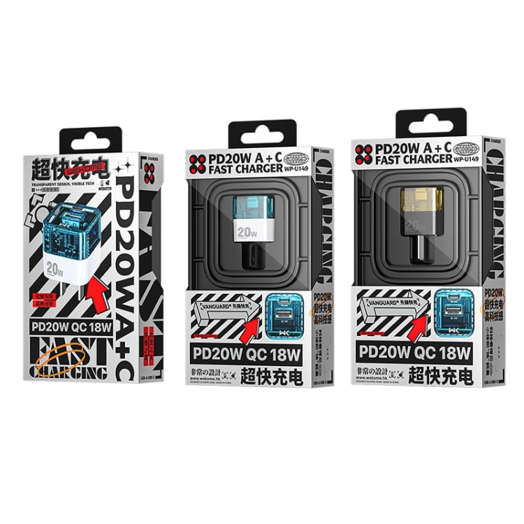 WK WP-U149 Cargador transparente de puerto dual USB + USB-C / Type-C de 20 W, especificaciones: enchufe de EE. UU.