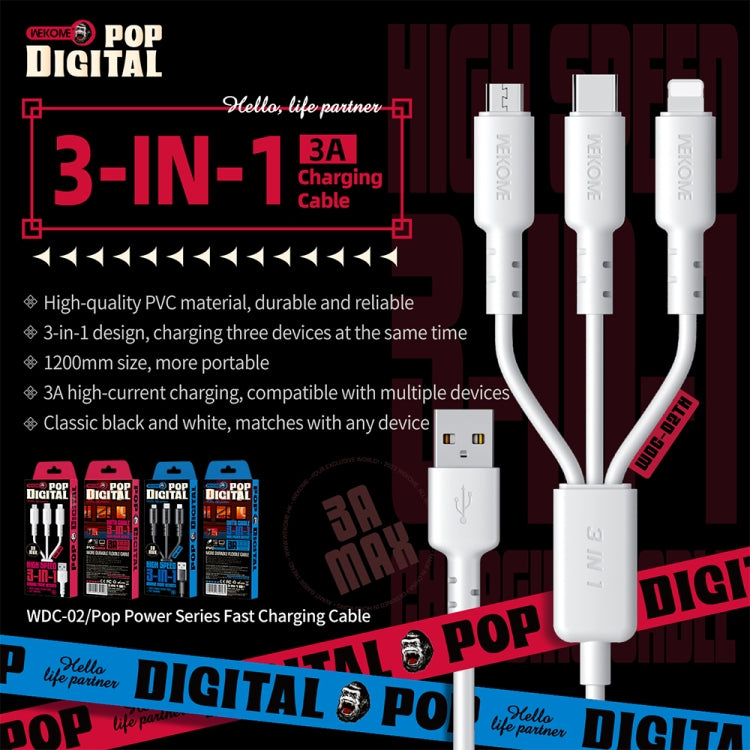 WEKOME WDC-02 Tidal Energy Series 3A USB a 8 pines + Tipo-C + Micro USB 3 en 1 Cable de datos de PVC, Longitud: 1,2 m