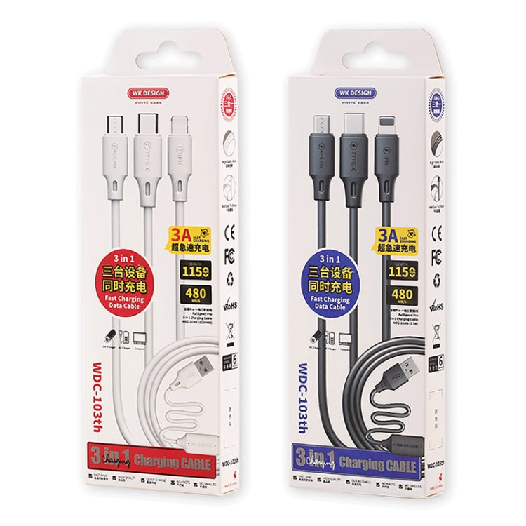 WK WDC-103 3A 3 en 1 Cable de datos de carga Pro de 8 pines + Micro USB + Type-C / USB-C Fullspeed Pro, Longitud: 1,15 m