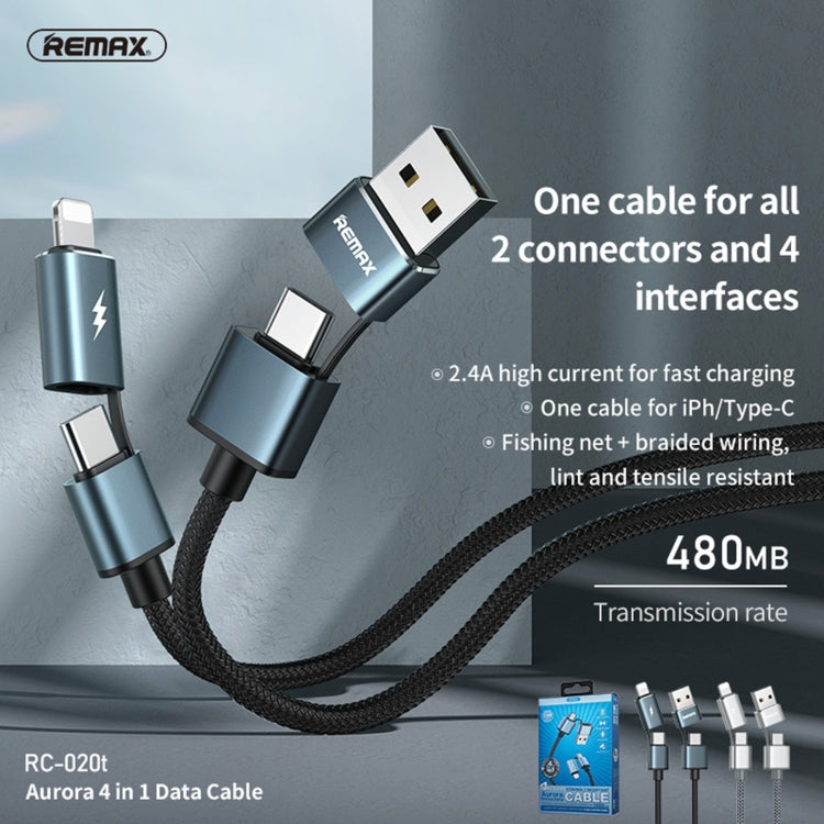 REMAX RC-020t 2.4A Aurora Series 4 en 1 8 pines + USB +2 x Cable de carga Snyc de datos tipo C, Longitud del cable: 1 m