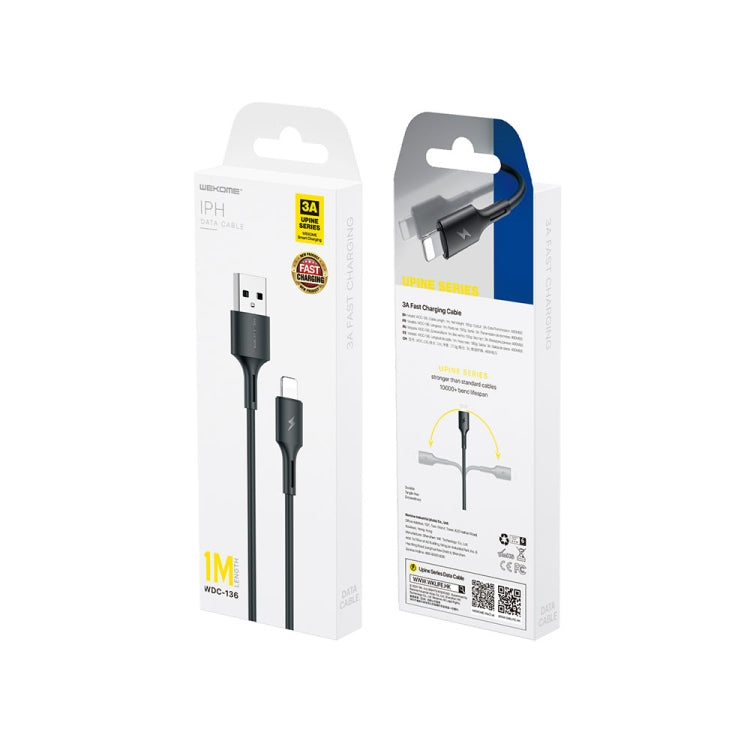 WK WDC-136 Cable de datos de carga rápida USB a 8 pines 3A, USB to 8 Pin(Black), USB to 8 Pin(White)