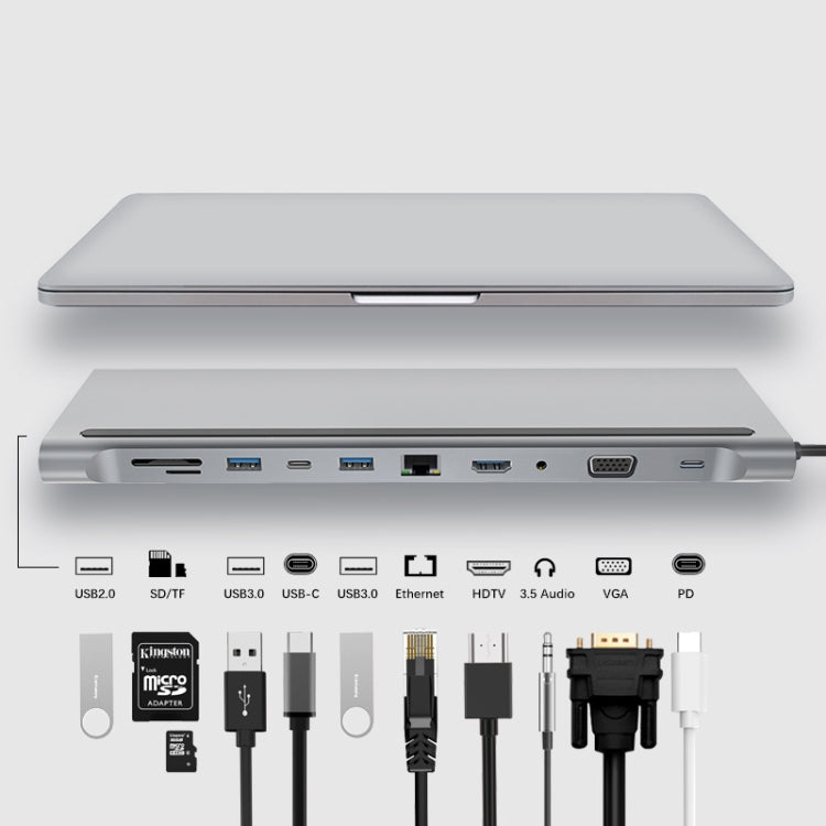 Adaptador 11 en 1 RJ45 + 87W PD + SD/TF + USBx3+ HDMI + VGA + AUX de 3,5 mm a HUB tipo C, 11 in 1