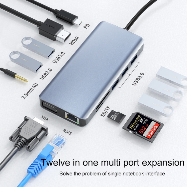 12 en 1 RJ45 + 100W PD + SD/TF + USB3.0x5+ HDMI + VGA + Adaptador AUX de 3,5 mm a HUB tipo C, 12 in 1