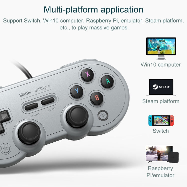 Joystick con cable USB 8Bitdo SN30 PRO para Swith / Steam / PC, SN30 PRO Wired(Grey)
