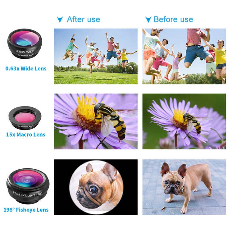 APEXEL APL-T18XBZJ5 Telescopio 4 en 1 18X + Lente gran angular 0.63X + Lente ojo de pez de 198 grados + Lente macro 15X Lente universal para cámara externa de teléfono, APL-T18XBZJ5