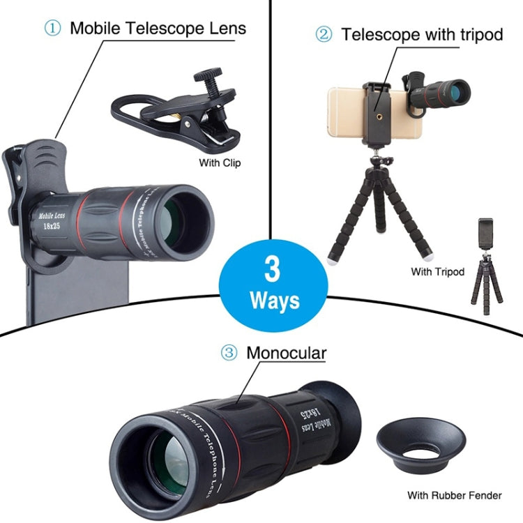 APEXEL APL-T18XBZJ5 Telescopio 4 en 1 18X + Lente gran angular 0.63X + Lente ojo de pez de 198 grados + Lente macro 15X Lente universal para cámara externa de teléfono, APL-T18XBZJ5