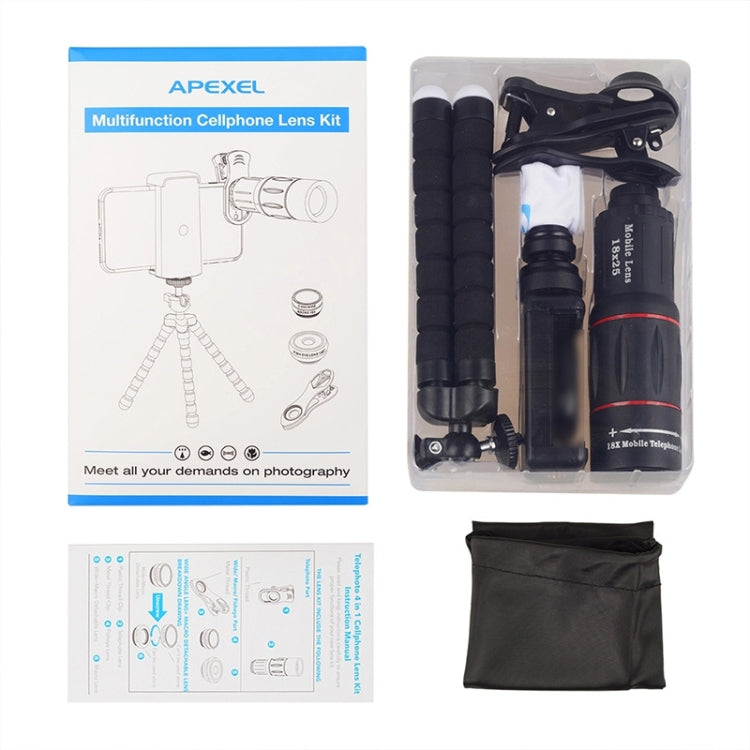 APEXEL APL-T18XBZJ5 Telescopio 4 en 1 18X + Lente gran angular 0.63X + Lente ojo de pez de 198 grados + Lente macro 15X Lente universal para cámara externa de teléfono, APL-T18XBZJ5