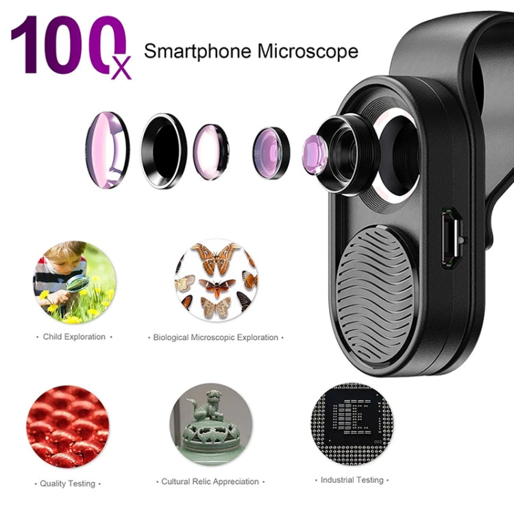 APEXEL APL-MS001 Microscopio para teléfono inteligente 100X con luz LED, APL-MS001