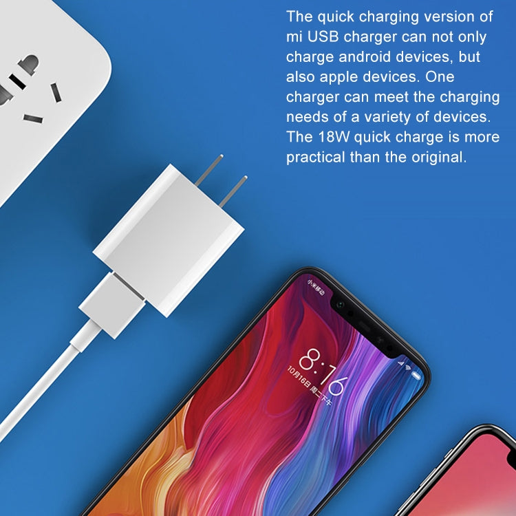 Adaptador de cargador de pared original Xiaomi 18W Cargador rápido USB de un solo puerto, enchufe de EE. UU., 18W