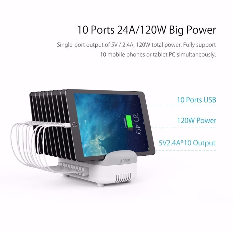 ORICO DUK-10P Estación de carga inteligente con 10 puertos USB de 120 W y soporte para teléfono y tableta, EU Plug(Black), EU Plug(White), US Plug(Black), US Plug(White), UK Plug(Black), UK Plug(White), AU Plug(Black), AU Plug(White)