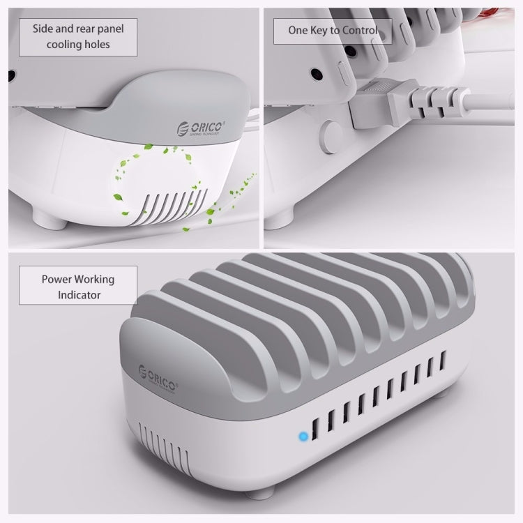 ORICO DUK-10P Estación de carga inteligente con 10 puertos USB de 120 W y soporte para teléfono y tableta, EU Plug(Black), EU Plug(White), US Plug(Black), US Plug(White), UK Plug(Black), UK Plug(White), AU Plug(Black), AU Plug(White)