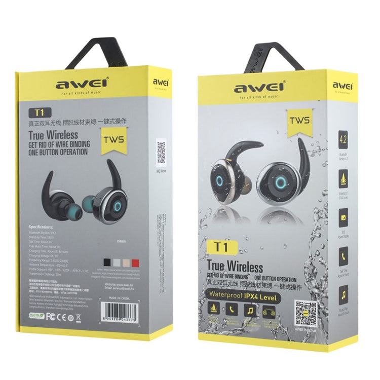 AWEI T1 Auriculares deportivos IPX4 Auriculares estéreo inalámbricos Bluetooth V4.2 a prueba de agua, soporte TWS, T1