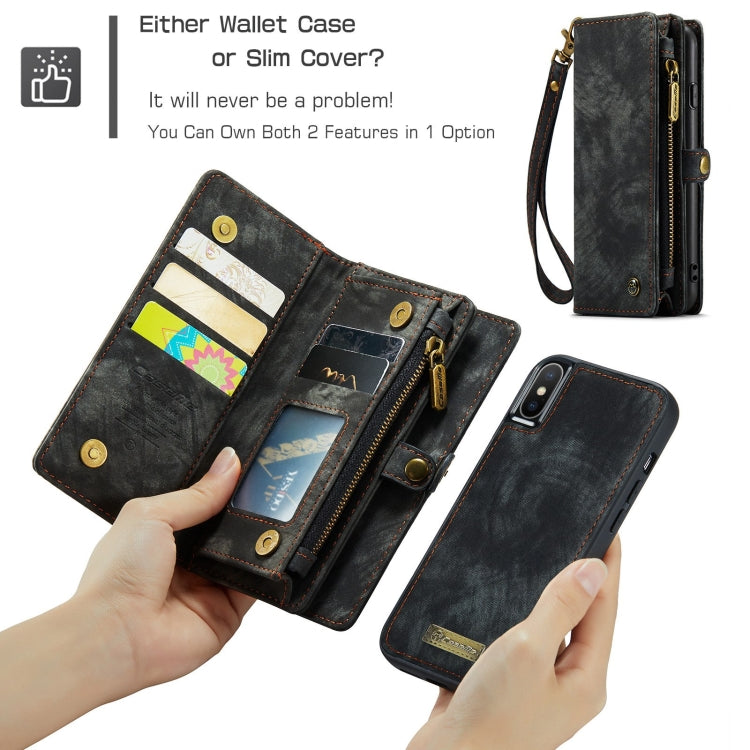 Para iPhone X / XS CaseMe-008 TPU + PC Absorción magnética Cubierta trasera desmontable Funda de cuero con tapa horizontal con soporte, ranuras para tarjetas, billetera con cremallera y marco de fotos