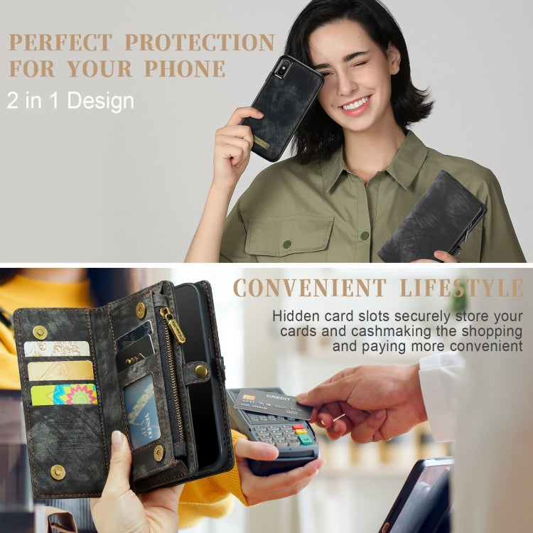 Para iPhone X / XS CaseMe-008 TPU + PC Absorción magnética Cubierta trasera desmontable Funda de cuero con tapa horizontal con soporte, ranuras para tarjetas, billetera con cremallera y marco de fotos