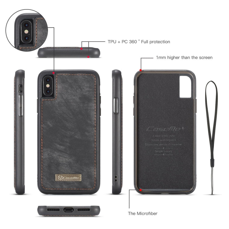Para iPhone X / XS CaseMe-008 TPU + PC Absorción magnética Cubierta trasera desmontable Funda de cuero con tapa horizontal con soporte, ranuras para tarjetas, billetera con cremallera y marco de fotos