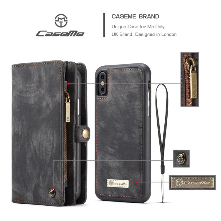 Para iPhone X / XS CaseMe-008 TPU + PC Absorción magnética Cubierta trasera desmontable Funda de cuero con tapa horizontal con soporte, ranuras para tarjetas, billetera con cremallera y marco de fotos