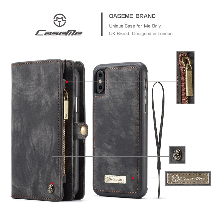 Para iPhone XS Max CaseMe Funda de cuero con tapa horizontal multifuncional desmontable con ranura para tarjeta, soporte, billetera con cremallera y marco de fotos, For iPhone XS Max